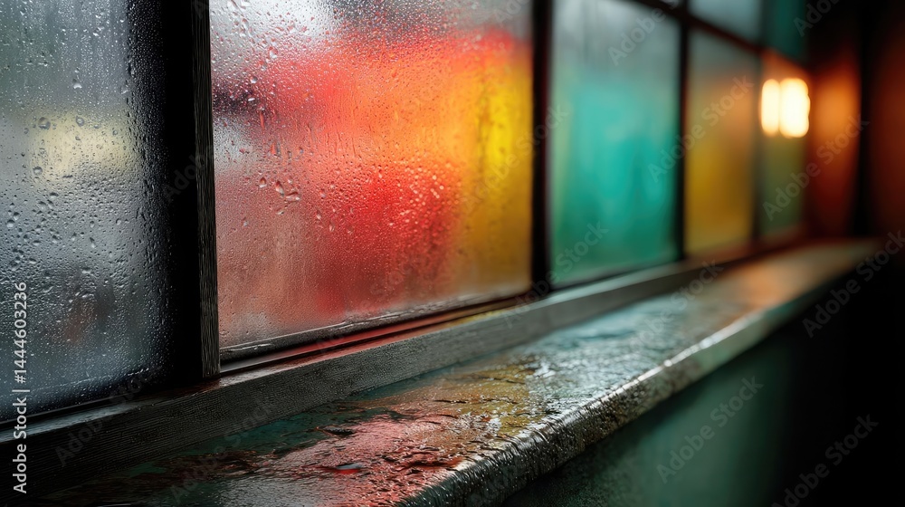 Poster Raindrop on a window combining rain, mood, and urban pattern concept. Close-up of a window with colorful reflections and condensation.