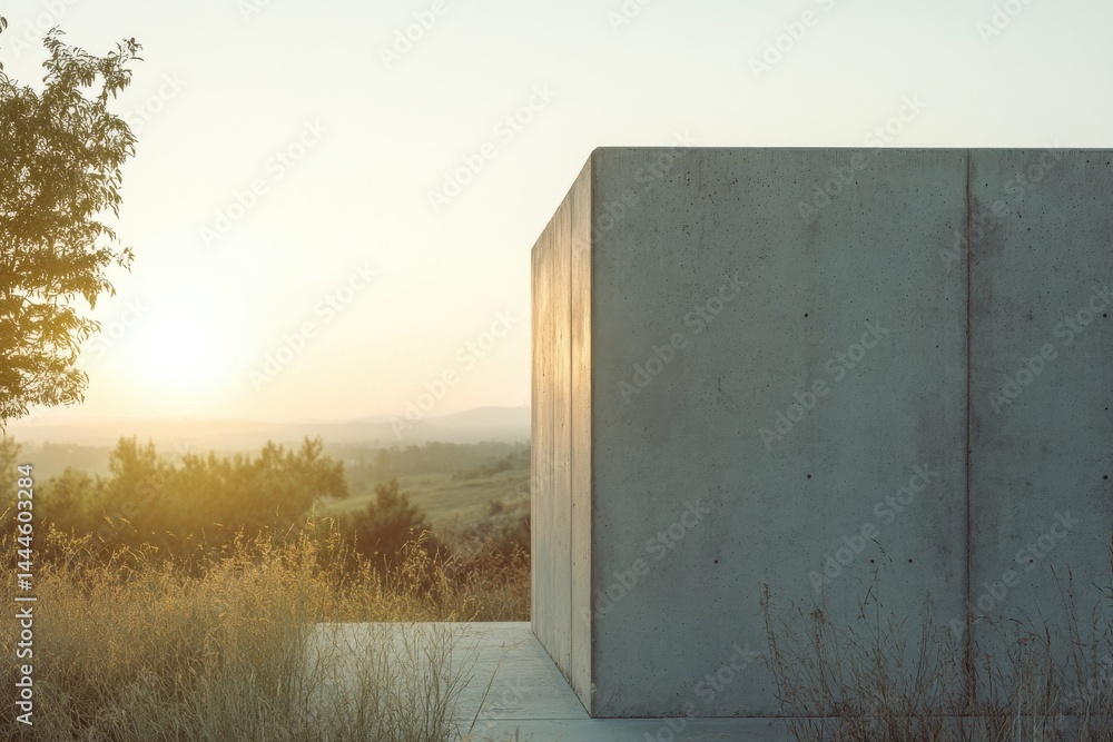 Poster Minimalist structure stands against a scenic sunset backdrop, showcasing a blend of modern architecture and natural landscape.