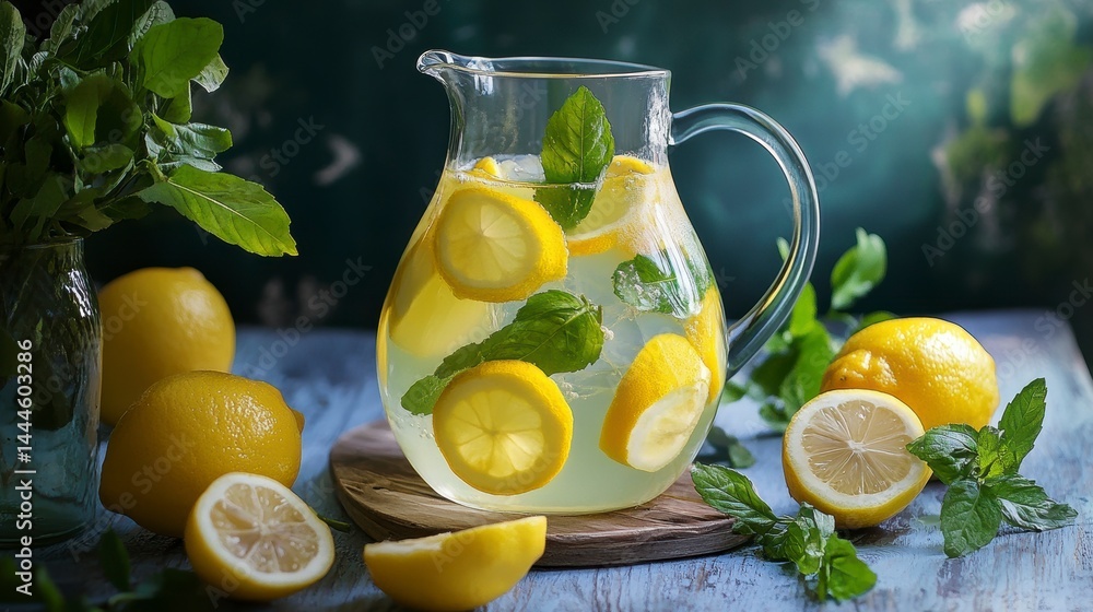 Poster refreshing homemade lemonade in a glass pitcher with lemons and mint on a rustic wooden table.