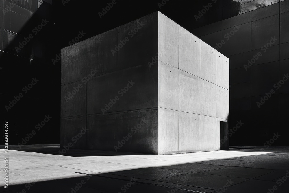 Poster Monochrome Concrete Cube: A study of stark lines and deep shadows emphasizing geometric abstraction and monolithic architecture.