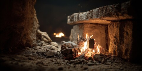 Stone hearth fire burning brightly in darkness.