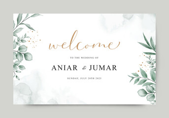 Welcome sign wedding invitation template set with green leaves