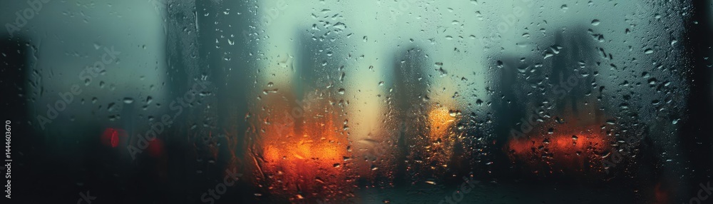 Poster raindrop on a window showing city landscape and emotional texture concept. city skyline viewed throu