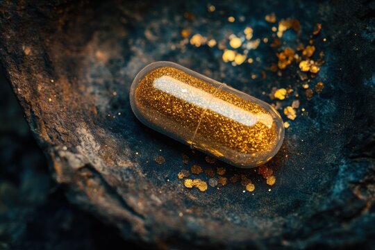 Golden elixir in capsule form, resting on a textured surface with shimmering particles scattered around, radiating opulence.