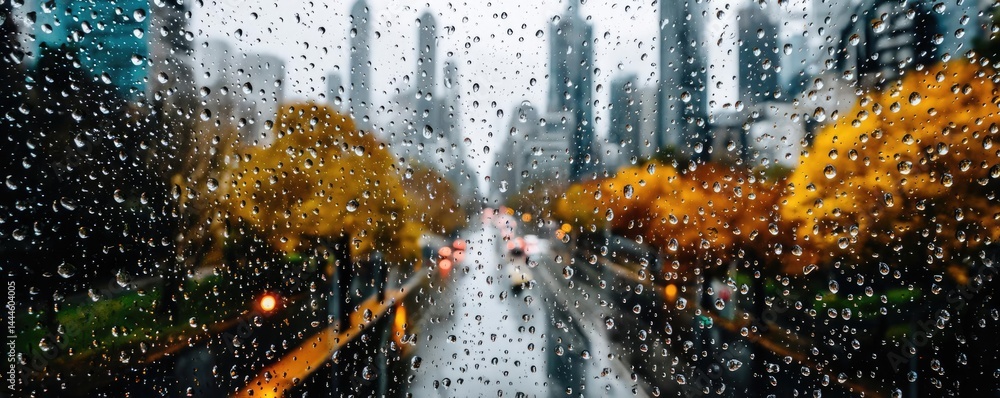 Poster raindrop on a window combining rain, mood, and urban pattern concept. city street view with rain dro