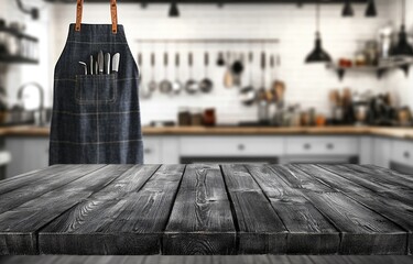 Dark wooden table with apron and kitchen tools in the background