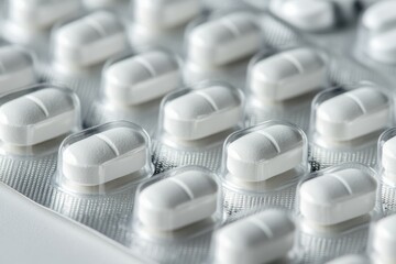 Blister pack full of white tablets for medical use. A close-up shot shows multiple doses ready for consumption.