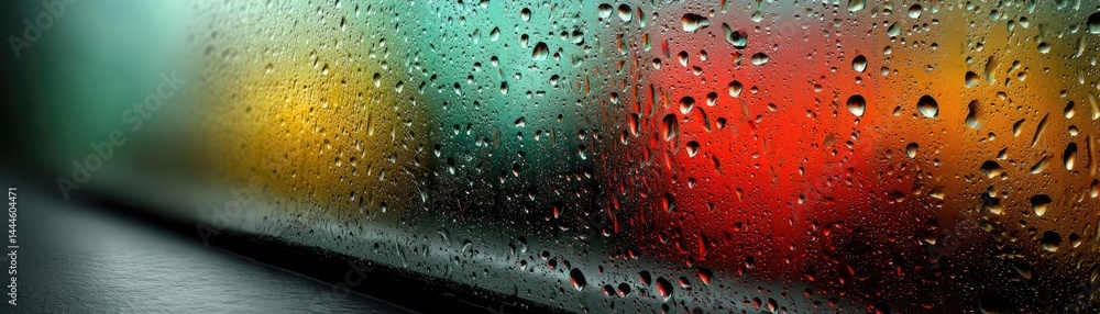 Aufkleber raindrop on a window featuring sad city mood and water texture concept. colorful blurred urban backg