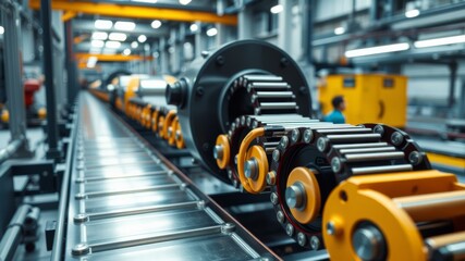 Fototapeta premium A close-up detailed view of a powerful industrial roller chain drive system in a modern factory setting showcasing intricate enginee.