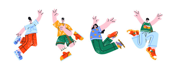 Happy jumping characters in retro cartoon style. Joyful people, expressive poses, cheerful emotions, celebration mood, 90s positive vibe, illustration in retro cartoon style, trendy stickers

