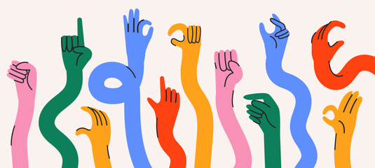 Colorful hand gestures in retro cartoon style. Different poses: pointing, hold, ok, finger snap. Human palms and wrists Illustration in funky, doodle style, trendy sticker set © Limpreom
