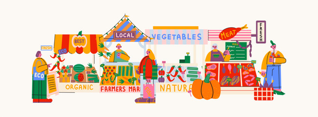 Farmers market, street fair stalls compositions in retro cartoon style. Stalls: fruits, vegetables, meat, fish, eco organic food. Doodle characters mascots buyers and sellers make purchases 