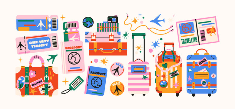 Vacation luggage elements in retro cartoon style. Travel items: suitcases, passports, tickets. Illustration in funky doodle style, trendy sticker set
