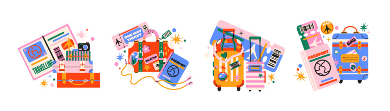 Vacation luggage compositions in retro cartoon style. Travel items: suitcases, passports, tickets. Illustration in funky, doodle style, trendy stickers set