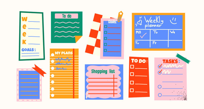 Sticky to do notes and scrapbooking elements in retro cartoon style. Note papers, torn sheets, labels, memo shapes, creative stationery, 90s journal vibe, illustration in retro cartoon style, trendy