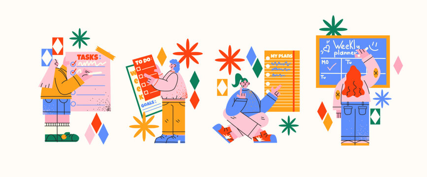 Daily planning scenes in retro cartoon style. Characters writing to-do lists, organizing tasks, goals, weekly plans and schedules. Illustration in funky, doodle style, office planning, productivity.