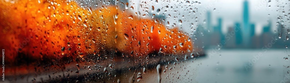 Poster Raindrop on a window combining rain, mood, and urban pattern concept. Raindrops on a window overlooking a colorful autumn scene.