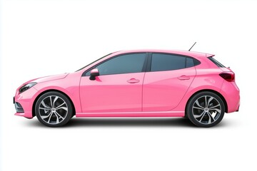side view of pink hatchback car isolated on white background