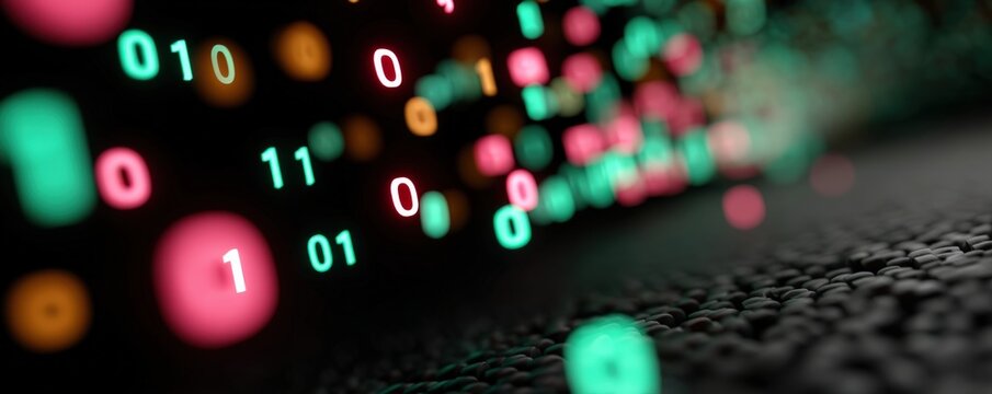 Digital binary code with vibrant colors on a textured surface.