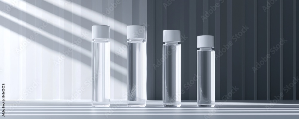 Poster clear glass tubes arranged in a minimalistic design with soft shadows.