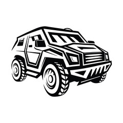 Black and White Armored SUV Outline with Exaggerated Tire Treads