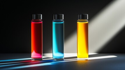 Bright and colorful liquid in test tubes illuminated by soft light.