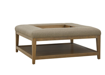 Upholstered coffee table with wooden frame and storage shelf isolated