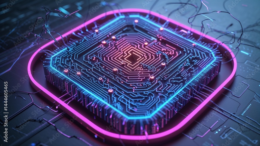 Poster intricate digital circuit board design with vibrant neon lighting and complex pathways
