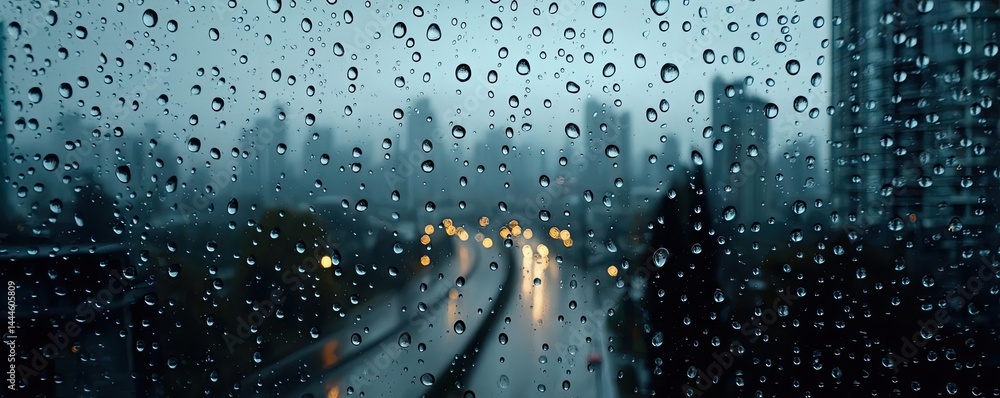 Poster Raindrop on a window combining rain, mood, and urban pattern concept. Raindrops on a window with a cityscape in soft focus behind.