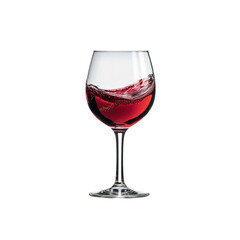 A wine glass filled with red wine, splash effect, highlighting the fluid motion and rich color of the beverage.