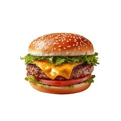 A juicy hamburger featuring a sesame seed bun, beef patty, cheddar cheese, lettuce, and tomato.