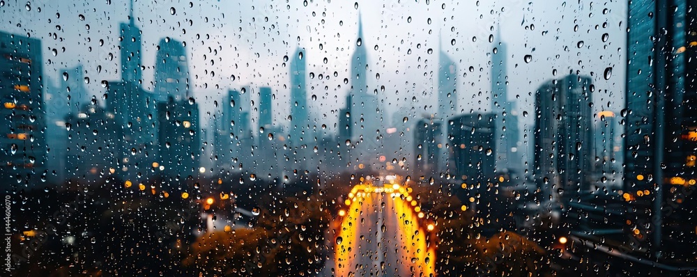 Poster raindrop on a window combining rain, mood, and urban pattern concept. moody urban skyline captured t