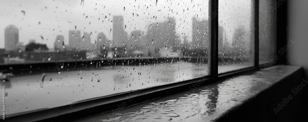 Poster raindrop on a window showing city landscape and emotional texture concept. raindrops on windowpane w