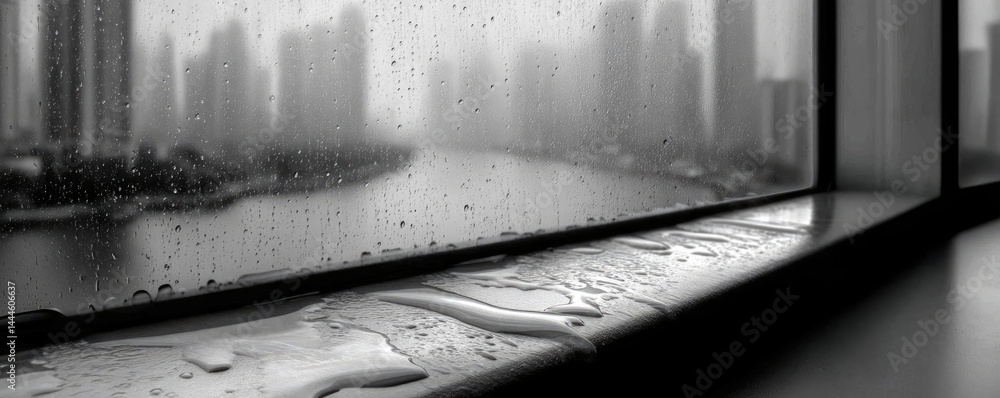 Poster raindrop on a window showing city landscape and emotional texture concept. rainy view through a wind