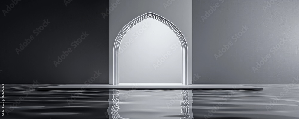 Poster minimalistic architecture with an elegant archway reflecting on water's surface.