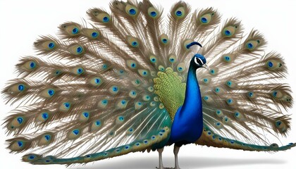 Obraz premium A majestic peacock with stunning, iridescent feathers in full display against a clean, white background.
