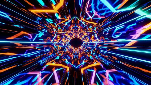 Futuristic video concept with a kaleidoscopic tunnel of neon lights in blue and orange. Dynamic, immersive, and centered camera angle. Live desktop wallpaper.
