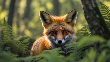 Fototapeta premium A Majestic Red Fox Peering from Lush Green Foliage in a Sun-Dappled Forest