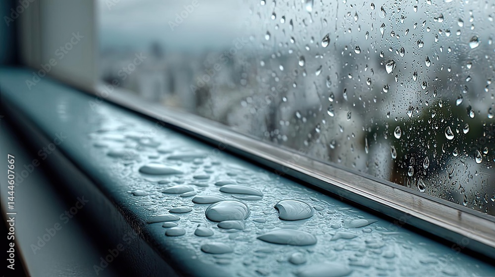 Poster Raindrop on a window showing city landscape and emotional texture concept. Close-up of raindrops on a window sill creating a serene atmosphere.