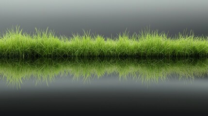 Fototapeta premium Vibrant green grass reflecting beautifully on a calm water surface in natural light.