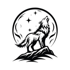 Wolf Howling Silhouette on Rock, Moon and Stars Black and White