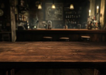 Rustic wooden table in front of a dimly lit pub  Wooden countertop with visible grain, in front of a dark pub interior with bar, bottles, and lights