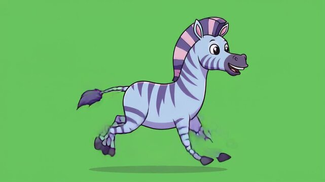 Animated cartoon zebra running against green background