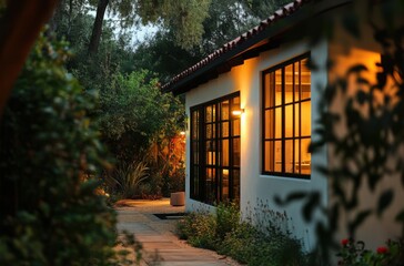 Obraz premium Urban modern LA house with warm lighted pathway,