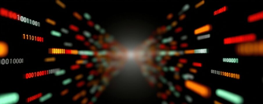 Abstract digital data stream with binary code and vibrant colors.