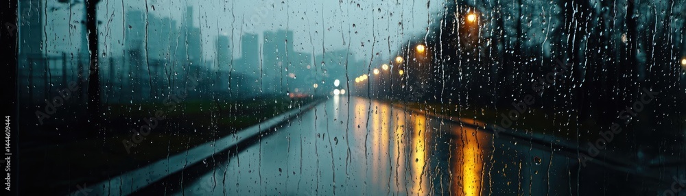 Aufkleber raindrop on a window featuring sad city mood and water texture concept. a tranquil scene of rain-soa