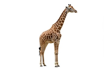 Naklejka premium A full body shot of a giraffe standing tall against a plain white studio background in clear lighting