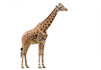 Naklejka premium A full body view of a giraffe with brown spots standing on a white background in a studio setting