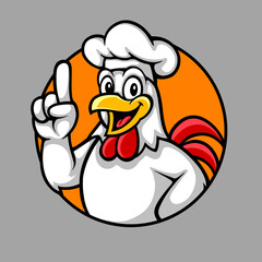 Cartoon chicken mascot pointing one finger up, symbolizing idea or number one. Perfect for food logo, restaurant brand, fried chicken business, or fun promotional mascot design.