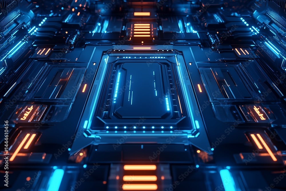 Poster abstract data flow concept, lines of light traveling through 3d space, cool color palette with blues